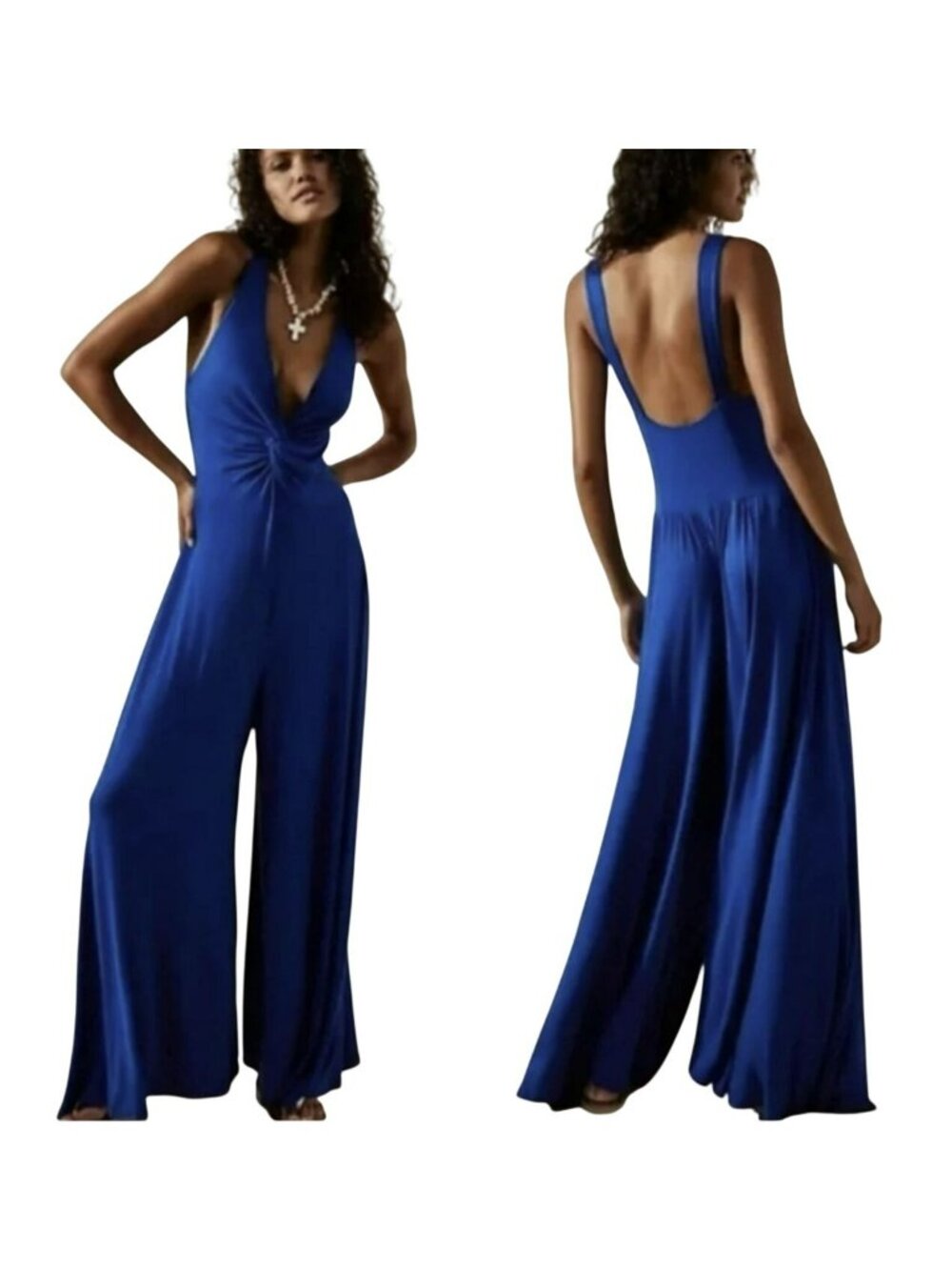 Free People Beach Harlow Royal Blue Wide-Leg Jumpsuit Small New